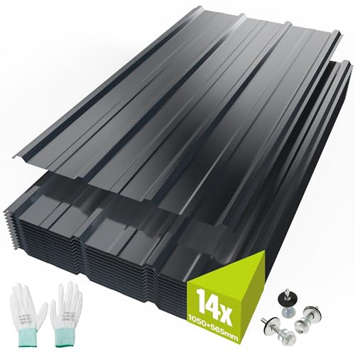 Mondeer 14x Trapezbleche, 105cm x 56cm = 8 m² Dachblech Metall, Dachplatten Verzinkter Stahl 0.25mm, für Dach Gerätehaus Carport, inkl. 100 Schrauben & Montagehandschuhe, Dunkelgrau