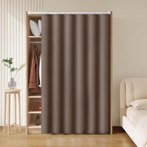 Rideau de porte coulissante pour placard, insonorisant, pour armoire, salle de bain, 100 cm de large x 140 cm de haut, marron
