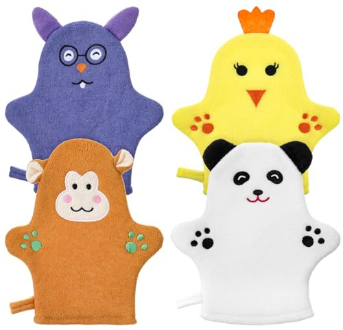 FNANJWQ 4 Stück Baby Badehandschuhe Waschlappen, Sanftes Baumwolltuch für Kinder, Niedliches Tierdesign aus Mikrofaser, Weiche Waschlappen für Mädchen und Jungen