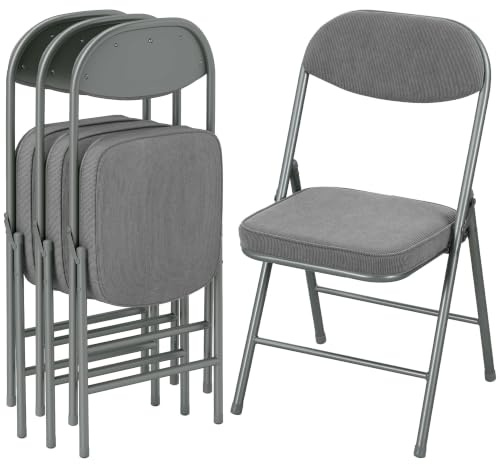HOMCOM Fabric Padded Folding Chairs Set of 4 Heavy Duty Steel, Grey | Corduroy Velvet Cushioned Seat, Backrest, Multi-Purpose for Home, Meeting Room, Office, Dining, Reception