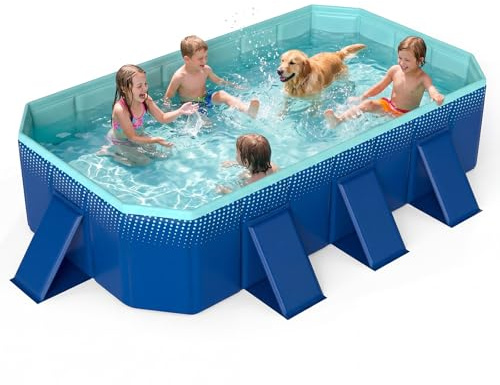 Goplus Piscine pliable non gonflable, portable rectangulaire autour du sol avec coque rigide de 24 cm, tuyau de drainage, piscine extérieure pliable pour enfants pour arrière-cour (bleu marine + vert