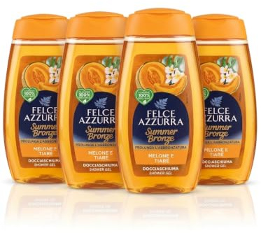 Summer Bronze Docciaschiuma Prolunga Abbronzatura, Shower Gel Felce, 250ml, Fragranze Melone e Tiaré o Menta Acquatica, Set da 2 o 4 Pezzi (Set da 4 Flaconi, Melone e Tiaré)