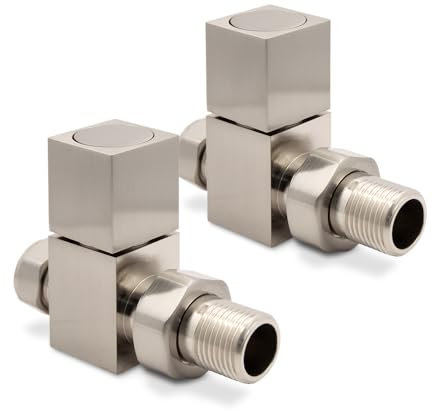 Straight Brushed Nickel Square (Cubic) Valves for Radiators & Towel Rails