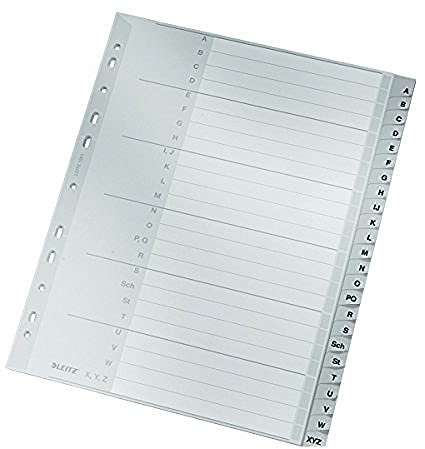Leitz Register für A4, Deckblatt aus Karton und 24 Trennblätter aus Kunststoff, Taben mit alphabetischem Aufdruck A-Z, Überbreite, Grau, 12610085