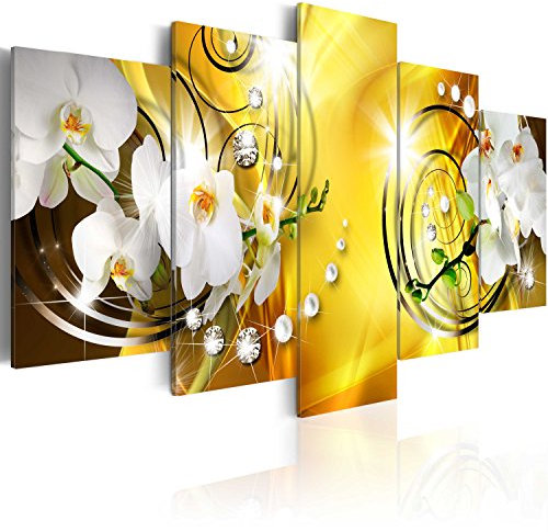 B&D XXL - Wandbilder XXL Abstrakt 200x100cm 5 tlg - Wand Deko Leinwand Bilder Groß Wanddeko Wohnzimmer Schlafzimmer Kunstdrucke - Blumen Orchidee Perlen Diamant b-A-0257-b-n