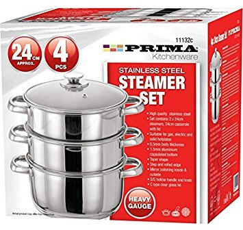 Prima 24 cm 3-Tier Steamer with Glass Lid, Set of 4