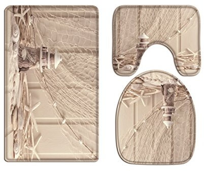 A.Monamour Badezimmer Badematte 3 Teilig Set Beige Hintergründe Fischernetz Starfish Hölzern Leuchtturm Druck Toilettendeckel Flanell Saugfähig Badteppiche Badvorleger Badgarnitur WC Vorleger