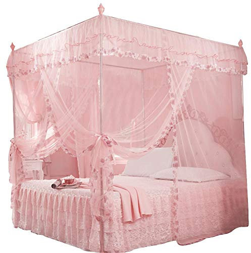 Hongzer Moskitonetz, Luxus Romantische Prinzessin 3 Seitenöffnungen Post Bett Vorhang Baldachin Netz Moskitonetz Bettwäsche(Pink M.)