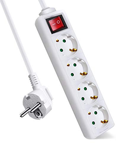 EXTRASTAR 4-Fach Steckdosenleiste mit Schalter und Kindersicherung, Steckdosenleiste 5m Kabel, 3G1.5m㎡, 16A, 3680W, Mehrfachsteckdose für Zuhause, Büro, Weiß