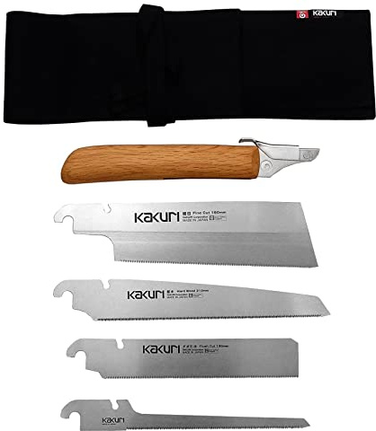 KAKURI Japanese Pull Saw Set for Precision Woodworking - Fine Cut 7, Flush Cut 7, Hardwood 8.2, Keyhole 6 - Red Oak Handles with Oil Finish, Canvas Carrying Case - Made in Japan
