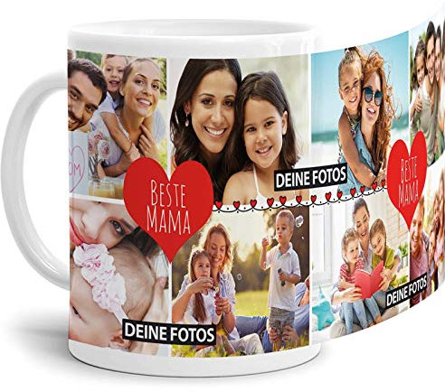 Tassendruck Fototasse mit Spruch - Beste Mama - zum SELBSTGESTALTEN mit Foto-Collage für 8 WUNSCHFOTOS - Bestes Fotogeschenk für Mama - Weiß