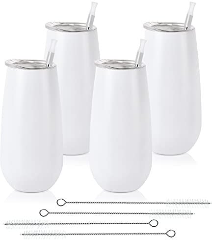 4-Pack Stemless Wine Tumbler, Double Insulated, 6 Oz, Reusable, with Lid - Champagne & White Wine Flutes