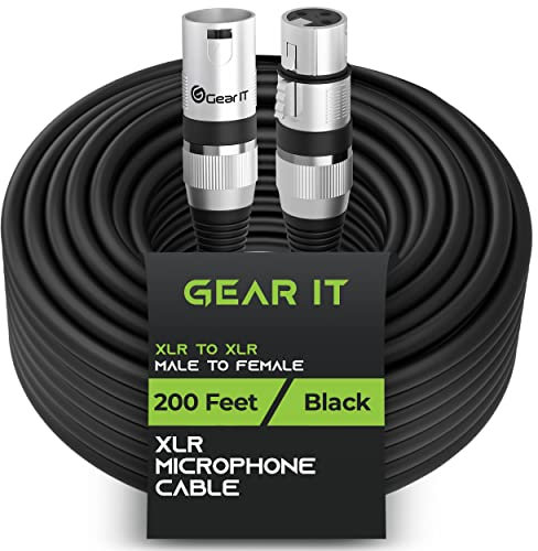 GearIT XLR Microphone Cable (200 Feet, 1 Pack) - Male to Female 3-Pin Balanced Shielded Cable for Mic Mixer, Recording Studio, Podcast - Black