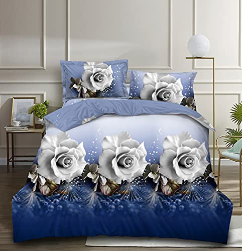 THL 4 Pcs Complete Bedding Set 3D Design Floral Printed Duvet Cover with Fitted Sheet Pillowcases (White Rose Blue Base 358, Double)