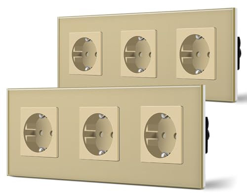 BSEED Schuko Steckdose 2er Pack, 16Amp AC Power Kristallglas Platte, 3 Fach Unterputzdose Steckdose, 228mm Dreifach Schutzkontaktbuchse Wandsteckdose Gold