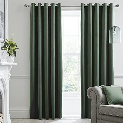 Laurence Llewelyn-Bowen Montrose Blackout, W46 x L72 (117 x 183cm), Velvet Living Room & Bedroom, Dark Thermal/Eyelet Curtains, Polyester, Olive Green