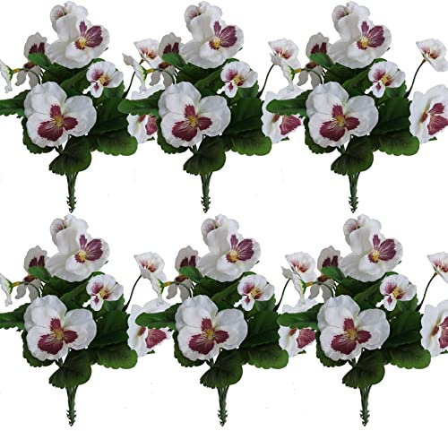 Elyjhyy Künstliche Stiefmütterchen, künstliche Stiefmütterchen, künstliche Kunststoffblumen, für drinnen und draußen, Zuhause, Garten, Dekoration, Weiß, 6 Stück
