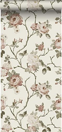 ESTAhome papier peint fleurs vintage blanc cassé et vieux rose - 139406-50 x 900 cm