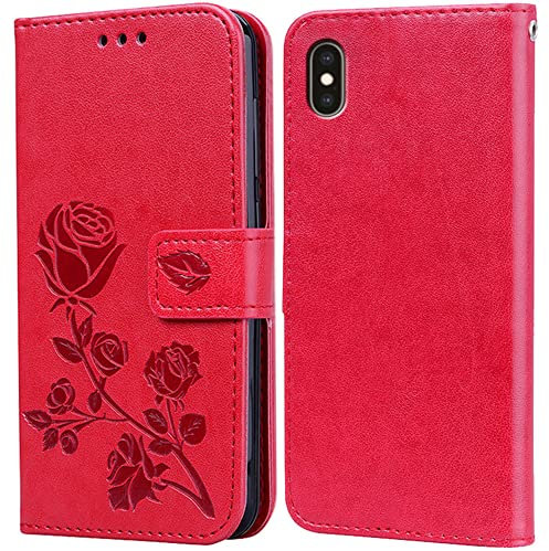 BIIULHCI for iPhone XS Max Case, Premium Full Protection Leather Flip Wallet Phone Case for iPhone XS Max Cover Silicone Shockproof Bumper Red