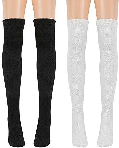 QKURT Fluffy Knee High Socks, 2 Pairs Winter Warm Thigh High Socks Stocking Coral Fleece Over Knee Socks Extra Long Socks for Women Girls ladies