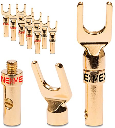 12x Kabelschuhe NEXMEX High End Stecker für Lautsprecherkabel Gabelschuhe Steckverbinder für Kabel bis 6mm² 24K vergoldet löt- oder schraubbar Flexibler Anschluss für HiFi-Boxen Verstärker Endstufen