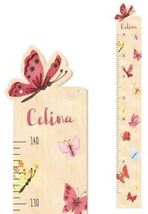 Kinder Messlatte 'Butterfly' aus Holz mit eigenem Namen personalisiert, Motiv Schmetterling, ca. 15 x 100 cm