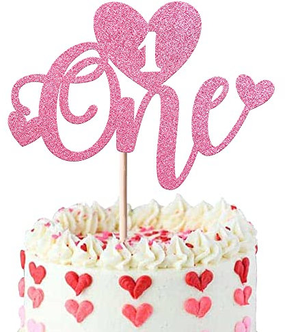 SYKYCTCY 1 Pack Valentines One Cake Topper with Love Heart 1st Valentine's Day Baby Shower Cake Picks Valentine's Day Theme Wedding Baby Shower Kids 1st Birthday Party Cake Decorations Supplies Pink