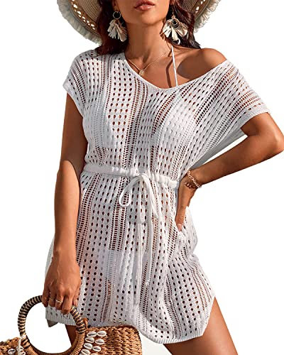 Rayson Robe de Plage Femme Crochet Maillots de Bain Cover Up Cache Beachwear Tunique Col en V Bikini Couvrir Beach Vacation(Blanc)