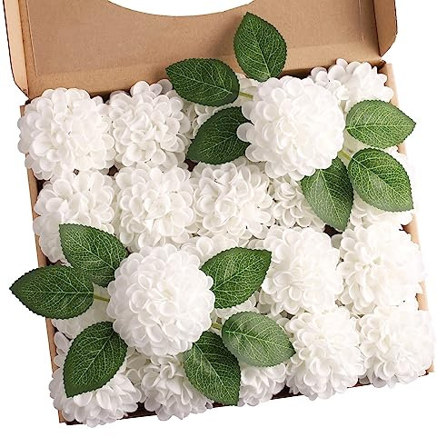 N&T NIETING Lot de 20 fleurs artificielles de dahlia avec feuilles et tiges, en mousse de dahlia blanc pour mariage, bouquets de fleurs, centres de table, décoration d'intérieur
