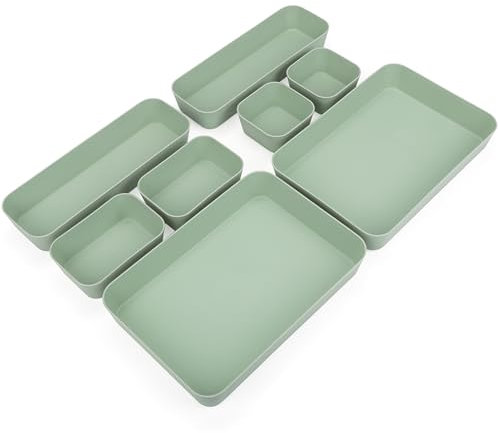 Belle Vous Set 8 Piezas Cestas Organizadoras de Cajones - Bandejas Organizadoras Verde - Cajitas para Separar Cajones en Baño, Oficina, Dormitorio o Cocina - Cajas para Maquillaje, Joyas y Utensilios