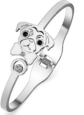WEVENI Cute Mops Geschenke für Mops Liebhaber Edelstahl Muschel Mops Armband Manschette Armreif 18K Gold Haustier Hund Armreifen Schmuck (Versilbert)