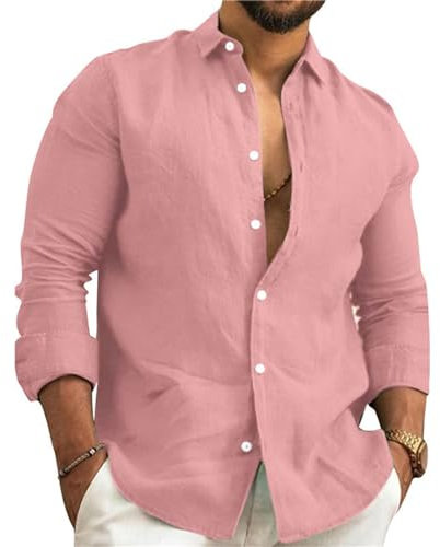 NIBESSER Camicia Lino Uomo Manica Lunga Estiva Elegante Camicia Uomo Casual con Bottoni Tinta Unita Traspirante per Mare Spiaggia Vacanza, Rosa, M