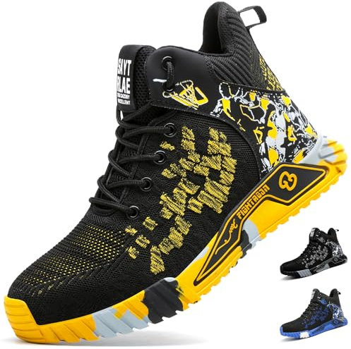COOU Stahlkappenschuhe Herren Hoch Arbeitsschuhe Rutschfest Sicherheitsschuhe Sportlich Sicherheitsstiefel 1011/Gelb 44