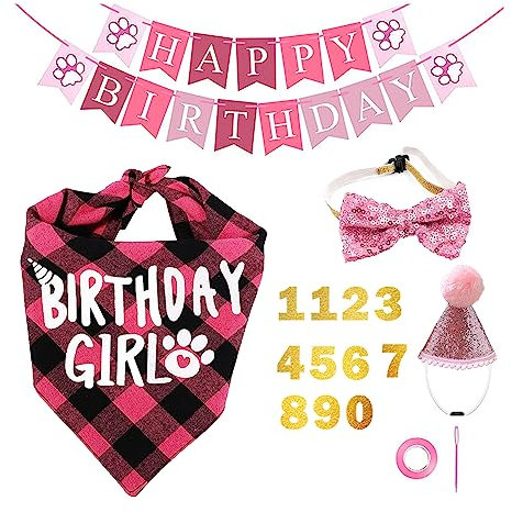 TAFACE Hundegeburtstagsparty-Set, Hut, Schleife, Schmetterlingsflagge, Schal, Zahlenaufkleber, Party-Set Niedlich für Hunde, wiederverwendbar, Rosa, Medium, 64 cm
