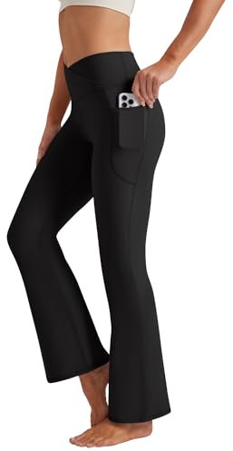 Glacspyg Damen Hose Schlaghose mit Taschen V-Taille Bootcut Sporthose Freizeithose Jogginghosen für Fitness Schwarz L