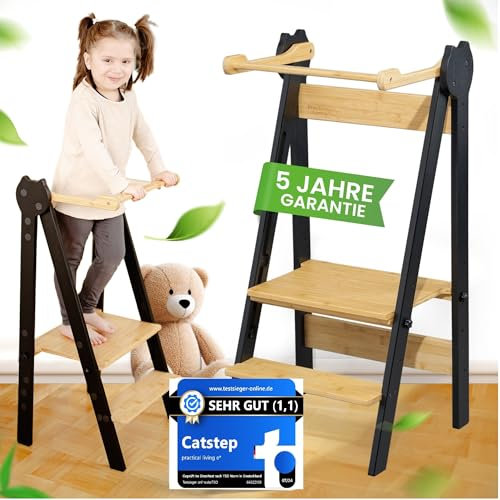 practical living e* Lernturm Montessori Platzsparend und höhenverstellbar aus Bambus für Kinder ab 1 Jahr (Klappbar) Learning Tower, Tritthocker, Learning Tower, Schemel für Kinder