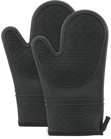 2 Stück Ofenhandschuhe Hitzebestaendig Schwarz Backofenhandschuhe Silikon Ofenhandschuhe Küchenhandschuhe Silikonhandschuh für Backöfen Pfannen Herde Backblech