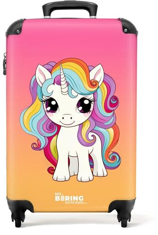 NoBoringSuitcases.com Valise Enfant Cabine, Bagages Fille, Roulette, 55x35x25cm (Licorne - Orange-Rose)