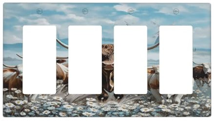 Spshian Lichtschalter-Abdeckplatte, rustikales Bauernhaus, Hochlandkuh, Landhausstil, 4-Gang-Schalterplatte, Vierfach-Wippschalter-Wandplatten, GFCI-Steckdosenabdeckungen, dekorative Steckdose für
