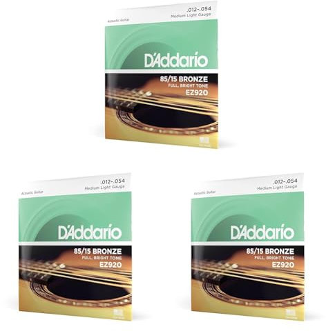 D'Addario Cordes Guitare Acoustique | Corde Guitare Folk | EZ920 | Cordes en bronze pour guitare acoustique | Bronze 85/15 | Moyen/Léger 12-54 (Lot de 3)