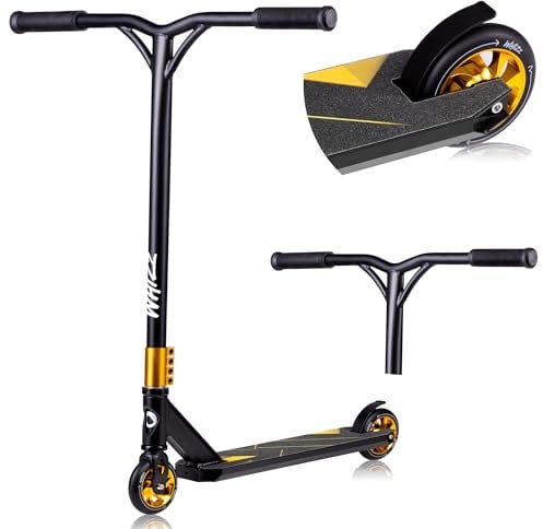 LIONELO Whizz Monopattino Stunt Scooter Freestyle, Cuscinetti ABEC-9 Deck in Alluminio Sistema di Compressione HIC Ruote da 110 mm Manubrio a T Largo, Freno Flex Fender MN Steel, Design Unico (Nero)