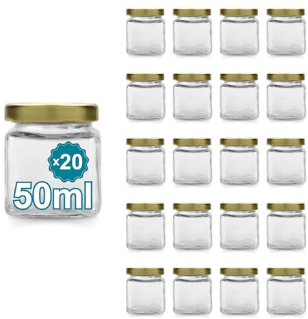 Espirito Rebelde 20 Pots en Verre Carrés pour Épices 50ml avec Couvercle Doré | Bocaux Rangement Cuisine | Épices, Confiture, Yaourt