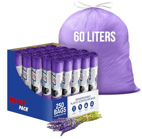 60L Lavender Scented Bin Bags, Waste Bags, Set of 25 Rolls Counts 250 bags, Bin Liners with Drawstrings Trash Bags for Kitchen, Office, and Bathroom Bin Liners
