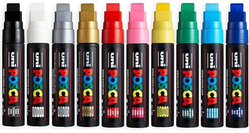 Posca PC-17K Permanent-Marker auf Wasserbasis, 15 mm Keilspitze, komplettes Set mit 10 Farben