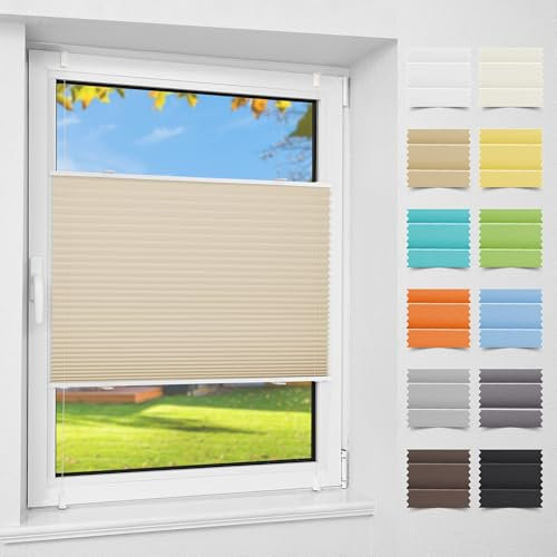 Atlaz Plissee Klemmfix ohne Bohren, 90x120cm(BxH), Crème, Plisseerollo Fensterrollo mit Klemmträger, Faltrollo Jalousie für Fenster und Tür, Blickdicht, Sichtschutz und Sonnenschutz