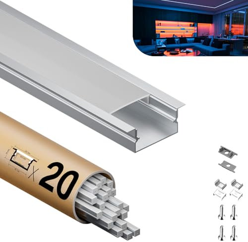 KOSOOM LED Aluminiumprofil 2m x 20 Stück, Unterputzprofil für Led-Streifen bis 15,5mm Breite, LED Trockenbauprofil 19,7 (Flügel 26,7 mm) x 10 mm, mit Montagezubehör für Gipskarton
