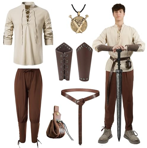 Mittelalter Kleidung Herren,7pcs Mittelalter Kleidung Kostüm Set Mittelalterliches Piratenhemd Herren Lang Hose Gürtel lederbeutel Armschienen Halskette Wikinger Renaissance Deko Halloween Karneval