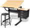 LAPOOH Zeichentisch mit neigbarer Tischplatte 3 Schubladen und Hocker, Maltisch Erwachsene, Drawing Table, Architekt, Arbeitstisch, Schreibtisch, Zeichenplatte, Zeichenbrett,