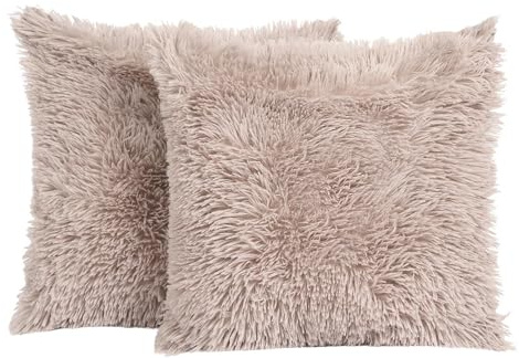 Sienna Cushion Covers Fluffy Throw Pillowcases 2 Pack, Super Soft Comfy Fabric Modern Neutral Stone Luxury Pillow Covers For Livingroom Sofa Bed, 45x45cm-Natural