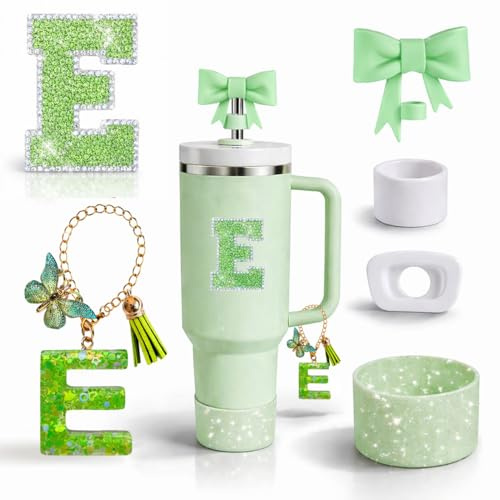 6PCS Green Stanley Cup Accessories Set for Stanley Cup 30 40oz Tumbler with Handle, Including Silicone Bow Straw Covers Cap, Spill Proof Stopper, Glitter Silicone Boot, Handle Charm, letter Patch (E)